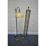 AN ART DECO FLOOR LAMP, with a coloured glass shade, along with a wire standard lamp, height