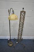 AN ART DECO FLOOR LAMP, with a coloured glass shade, along with a wire standard lamp, height