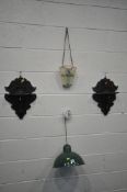 A PAIR OF CARVED MAHOGANY WALL SHELVES, along with an Arthur Wood wall mounted plant holder, and