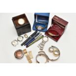 A BOX OF ASSORTED WATCHES, WATCH PARTS AND PENS, to include three 'Rotary' wrist watches, a 'Michael