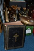 ONE BOX OF MISCELLANEOUS SUNDRIES, to include a large black leather bound Victorian family Bible,