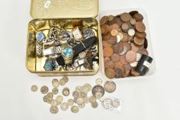 A BOX OF ASSORTED COINS AND WATCHES, to include a 1816 shilling George III, a crown and a double
