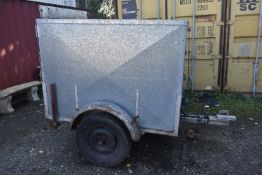 A GALVANIZED STEEL BOX TRAILER, with electrics and jockey wheel, leaf spring suspenstion, axel width