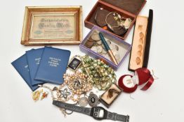 A BOX OF ASSORTED ITEMS, to include a framed German 50 mark 1914 banknote, three 'Britain's First