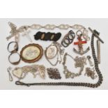 A SMALL BAG OF ITEMS, to include a graduated silver albert chain fitted with a T-bar and lobster