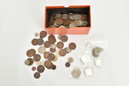 A SMALL CARDBOARD TRAY CONTAINING MIXED COINS TO INCLUDE: 2 x Eire 10 Silver Shilling 1966 coins,