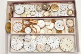 A BOX OF ASSORTED WATCH MOVEMENTS, a selection of dials and movements, names to include Omega,