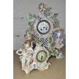 TWO LATE 19TH CENTURY CONTINENTAL PORCELAIN CASED FIGURAL MANTEL CLOCKS, comprising a floral