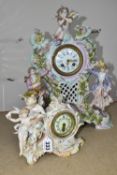 TWO LATE 19TH CENTURY CONTINENTAL PORCELAIN CASED FIGURAL MANTEL CLOCKS, comprising a floral