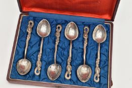 A CASED SET OF SIX JAPANESE NAGASAKI TEA SPOONS, white metal teaspoons with etched detail and