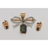 A PAIR OF GREEN TOURMALINE EARRINGS AND BROOCH, rectangular cut tourmalines collet set in yellow