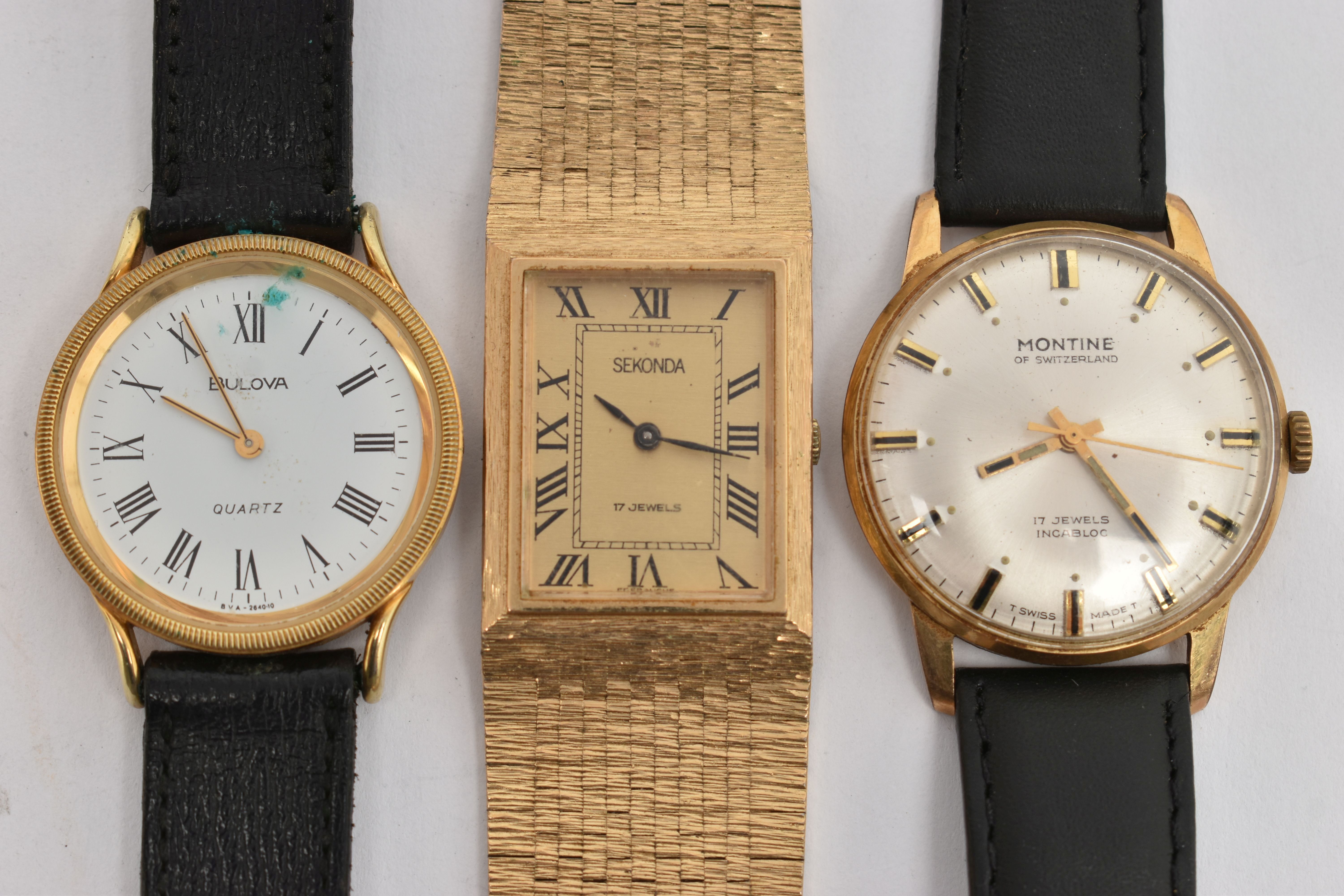 FOUR WRISTWATCHES, to include a manual wind 'Montine' watch, round silver dial, baton markers, black - Image 4 of 5