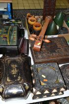 A COLLECTION OF FOUR WOODEN BOXES, A BOX OF TREEN AND CANDLES, ETC, including a distressed 19th