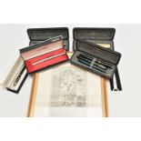 A BOX OF ASSORTED PENS AND OTHER ITEMS, to include five 'Parker' fountain pens, one nib stamped 14k,