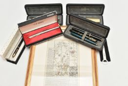 A BOX OF ASSORTED PENS AND OTHER ITEMS, to include five 'Parker' fountain pens, one nib stamped 14k,