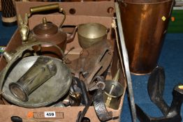 ONE BOX OF METALWARE, to include a tall copper coal scuttle, a circular arts and crafts design