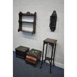 A SELECTION OF OCCASIONAL FURNITURE, to include a tall mahogany plant stand, height 98cm, an oak