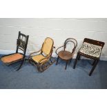 A SELECTION OF CHAIRS, to include an Art Deco walnut bergère dressing stool, a bentwood child's