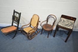 A SELECTION OF CHAIRS, to include an Art Deco walnut bergère dressing stool, a bentwood child's
