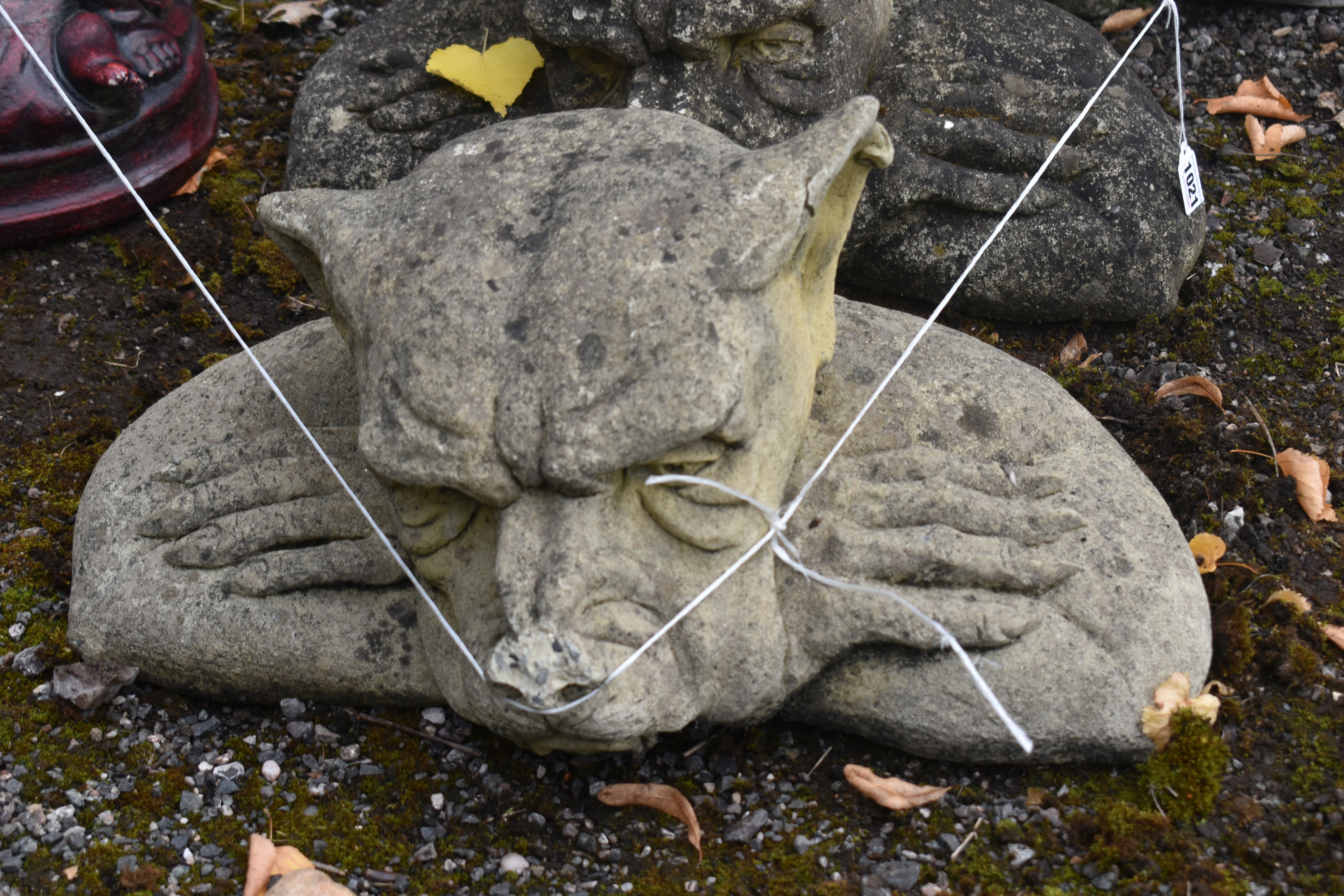 FOUR COMPOSITE GARDEN FIGURES OF A GROTESQUE, and a burgundy painted figure of a Buddha (5) - Image 2 of 5