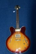 A GOULD ELECTRIC GUITAR, an ES335 copy, with sunburst finish, edge and binding, gold plated
