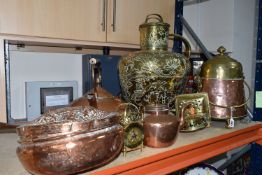 A GROUP OF METALWARE, comprising a copper and brass lidded coal scuttle, a copper bed warmer with