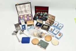 A BOX OF ASSORTED ITEMS, to include a selection of jewellery, including bracelets, necklaces,