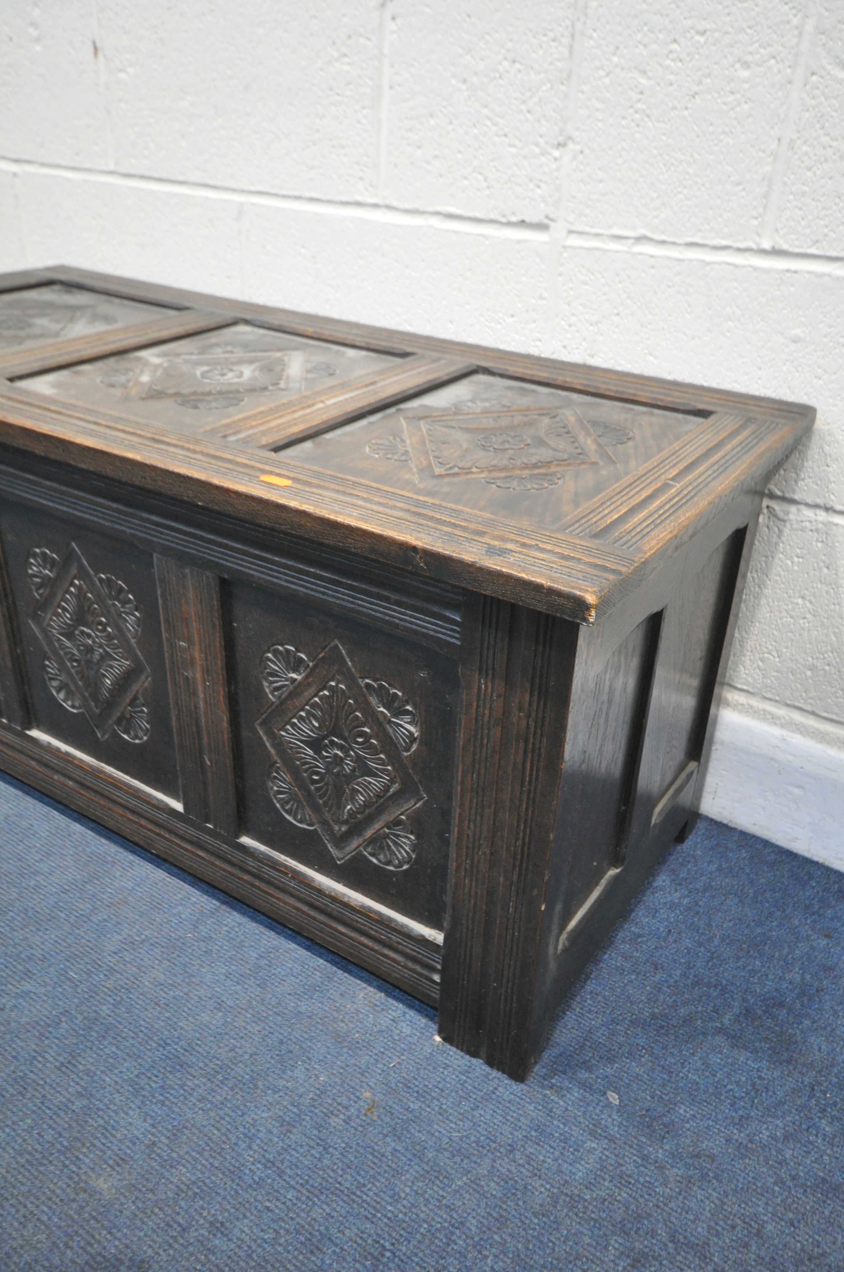 A GEORGIAN OAK PANELLED COFFER, width 106cm x depth 49cm x height (condition report: aged wear and - Image 2 of 2
