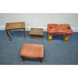 A CAMEL STOOL with a leather cushion, along with a small oak bible box, a footstool and a small