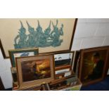 A QUANTITY OF DECORATIVE PAINTINGS, PRINTS, CARVED WOOD PANELS, ETC, IN TWO BOXES AND LOOSE,