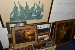 A QUANTITY OF DECORATIVE PAINTINGS, PRINTS, CARVED WOOD PANELS, ETC, IN TWO BOXES AND LOOSE,