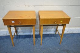 A PAIR OF MID CENTURY MEREDEW TEAK SINGLE DRAWER BEDSIDE CABINETS, on square tapered legs, width