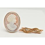 A YELLOW METAL CAMEO BROOCH AND A BAR BROOCH, oval carved shell cameo depicting a lady in profile,