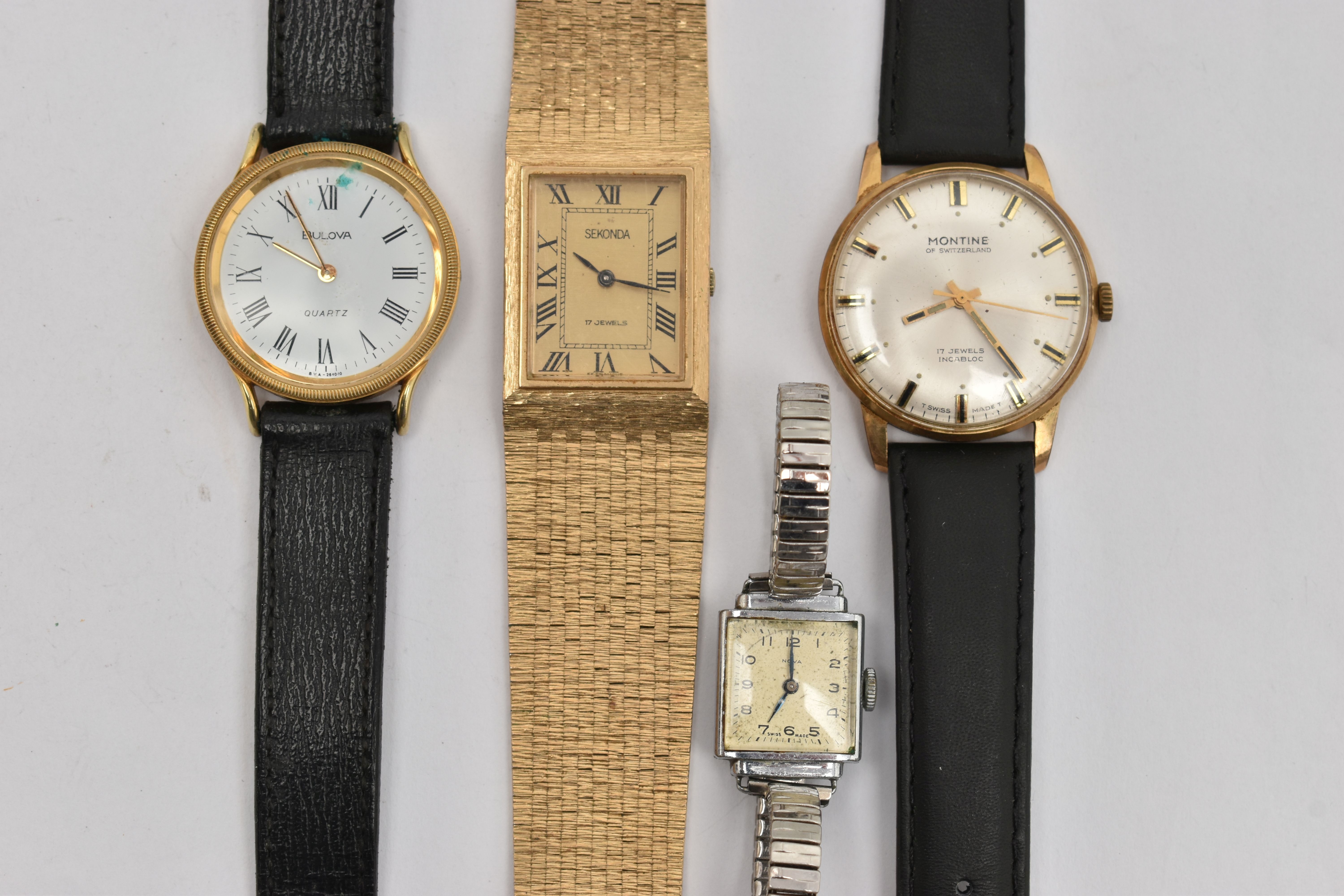 FOUR WRISTWATCHES, to include a manual wind 'Montine' watch, round silver dial, baton markers, black - Image 2 of 5