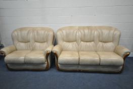A WOODEN FRAMED AND CREAM LEATHER TWO PIECE LOUNGE SUITE, labelled Bardi Italy, comprising a three