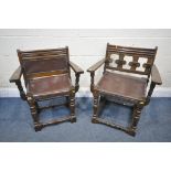 TWO SIMILAR STAINED OAK TUDOR STYLE OPEN ARMCHAIRS, with studded seats (condition report: frames