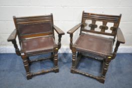 TWO SIMILAR STAINED OAK TUDOR STYLE OPEN ARMCHAIRS, with studded seats (condition report: frames