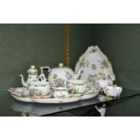 A HEREND PORCELAIN QUEEN VICTORIA PATTERN CABARET SET WITH THREE ADDITIONAL ITEMS IN THE SAME