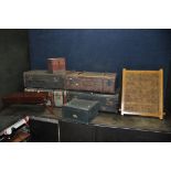 FOUR VINTAGE TRAVEL TRUNKS with bentwood banding strips, two at width 69cm x depth 43cm x height