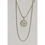 A WHITE METAL DIAMOND PENDANT NECKLACE, the pendant four claw set with a round brilliant cut