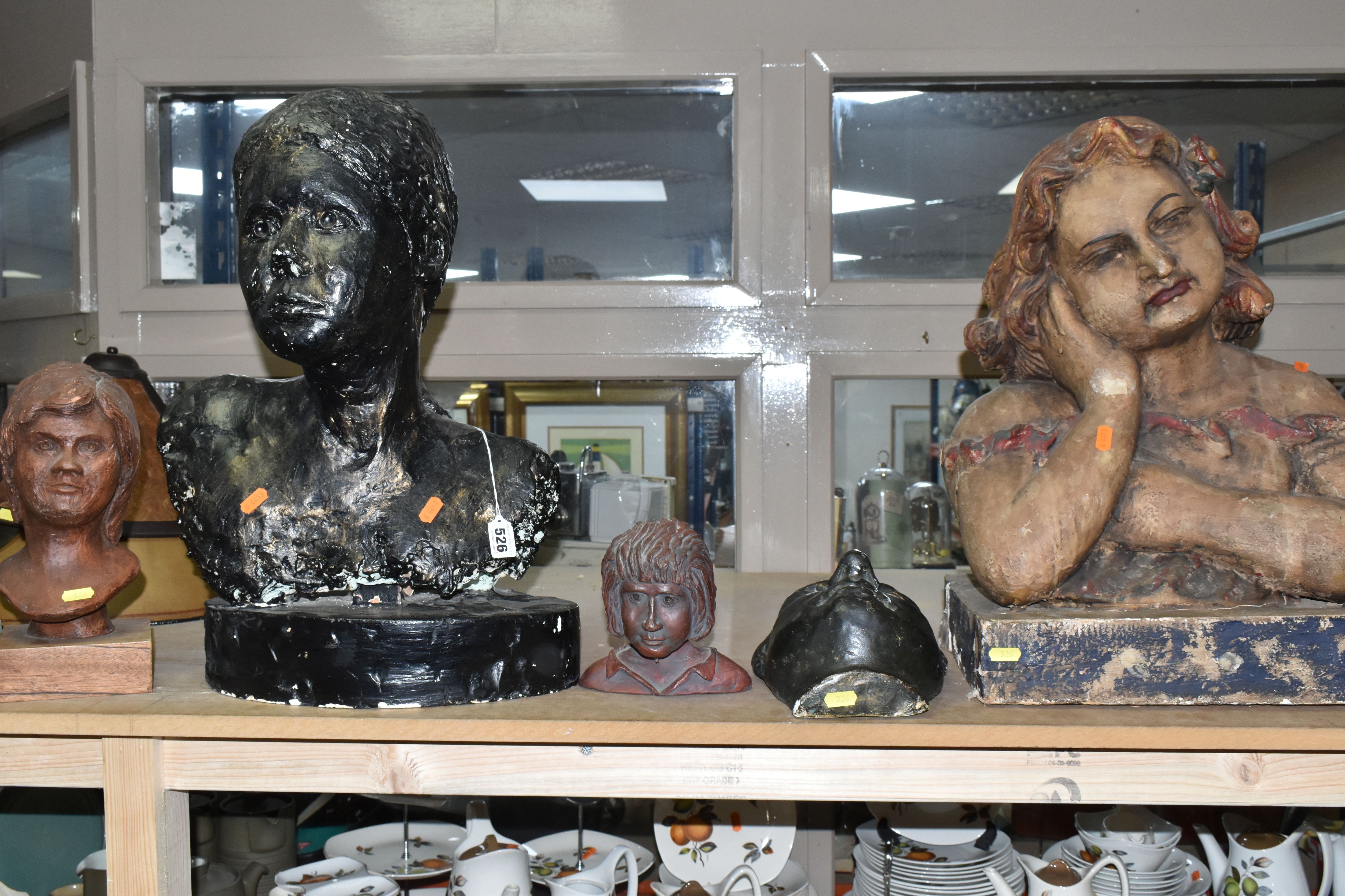 A GROUP OF BUSTS AND CERAMICS, comprising a painted plater bust of a girl, height 53cm, a painted