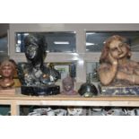 A GROUP OF BUSTS AND CERAMICS, comprising a painted plater bust of a girl, height 53cm, a painted