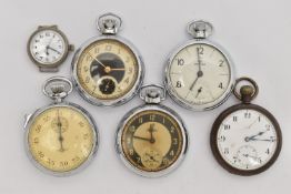 FIVE POCKET WATCHES AND A WATCH HEAD, names to include Ingersoll, Waltham, Services and West End