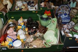 FOUR BOXES OF ORNAMENTAL CERAMICS ETC, to include Carlton Ware, Sylvac, Noritake, Chinese Dogs of