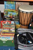 TWO BOXES AND LOOSE BOOKS, GAMES, CAMERA AND SUNDRIES, to include twenty five Enid Blyton books, a