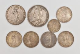 A SMALL BAG OF COINS, to include a Victoria Half Crown dated 1887, a Victorian 1887 One Florin, five