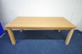 A LARGE LIGHT OAK FINISH DINING TABLE, length 211cm x depth 101cm x height 77cm (condition report: