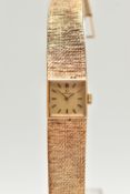 A LADYS 9CT GOLD 'OMEGA' WRISTWATCH, manual wind, gold square dial signed 'Omega', baton markers,