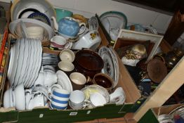FOUR BOXES AND LOOSE CERAMICS, METAL WARES AND SUNDRY ITEMS, to include a large copper boot shaped
