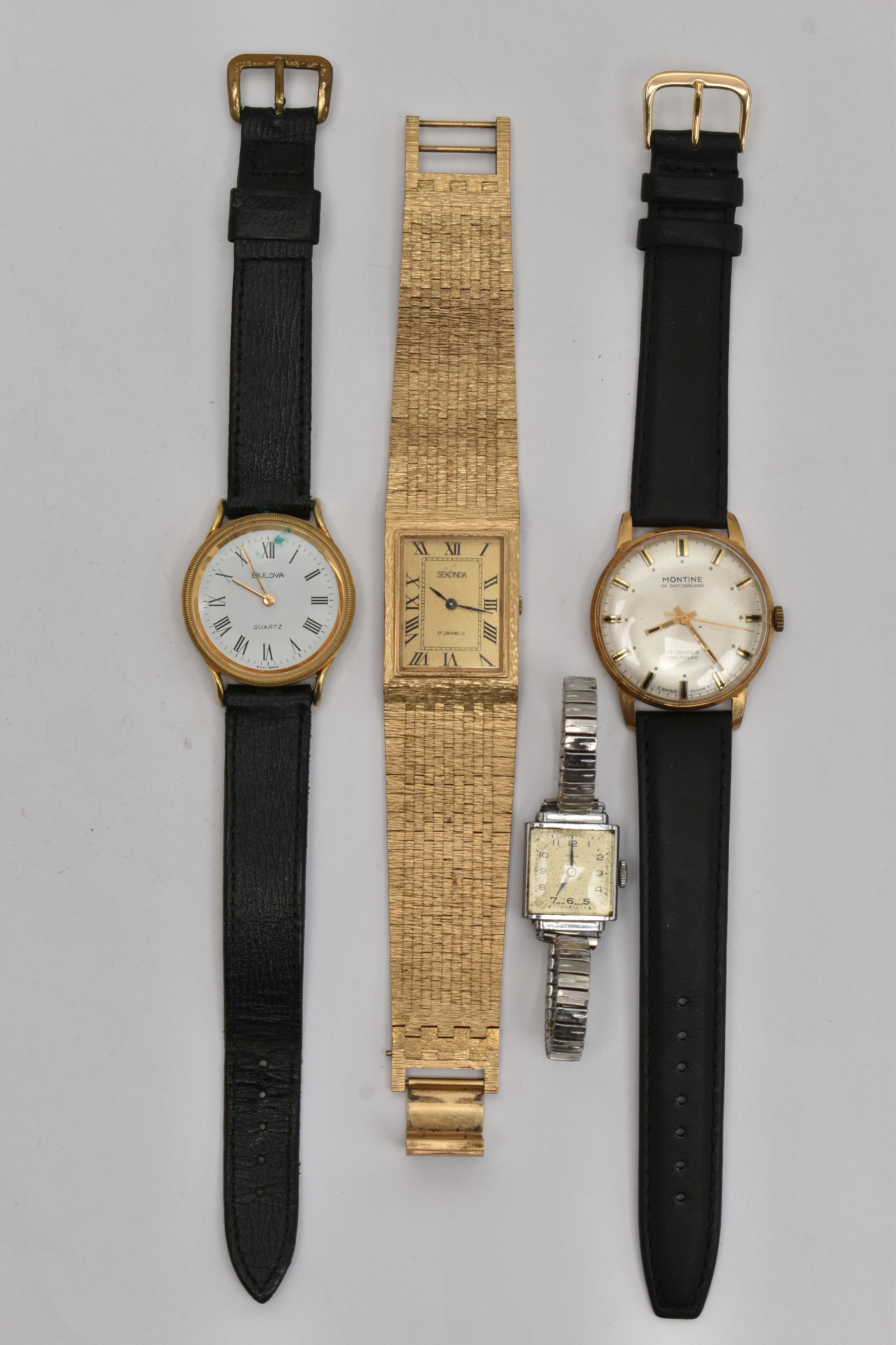 FOUR WRISTWATCHES, to include a manual wind 'Montine' watch, round silver dial, baton markers, black